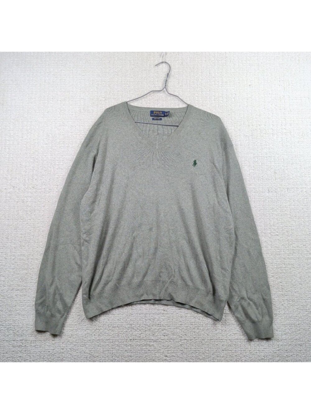 Polo Ralph Lauren V-Neck Sweater Mens XL Gray Pima Cotton Embroidered Green Pony